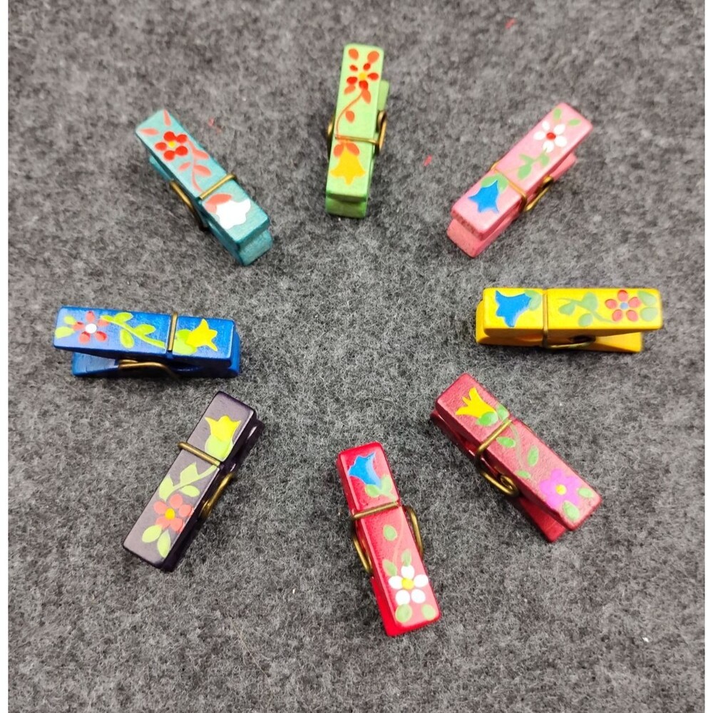 Lot Of 8 Handpainted Vintage Miniature Clothespins Small Wood Clothespin Lot